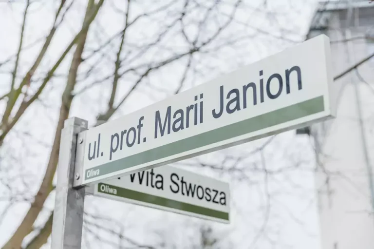 Na tle gałęzi drzew i budynku tabliczka z nazwą ulic: prof. Marii Janion i Wita Stwosza
